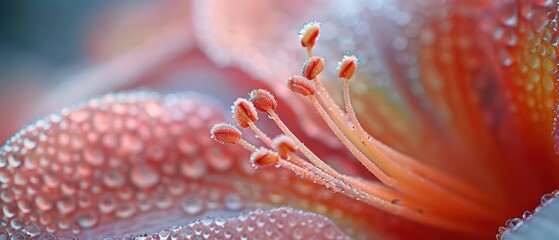Close-up of Dewy Pink Flower Petals and Stamen