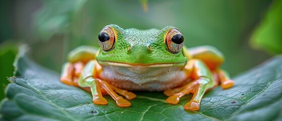 Fototapeta premium Close-Up of a Vibrant Green Frog on Leaf