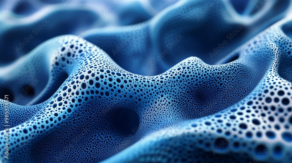 Poster abstract blue 3d pattern with circular holes wavy surface macro shot