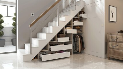 A staircase with a white railing and white steps leading to a closet