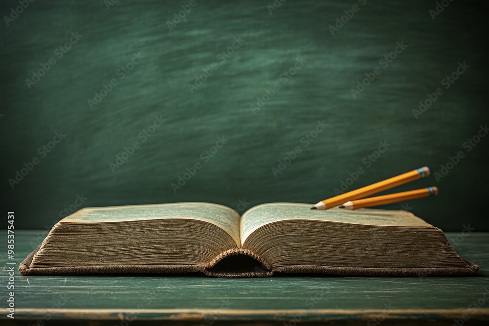 Aufkleber open book on a green surface with two pencils in the background.
