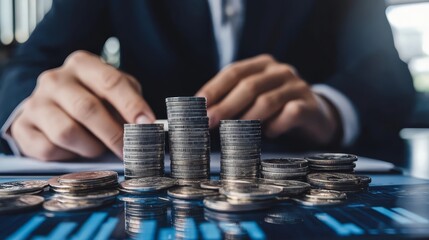 Businessman Counting Coins On Financial Charts