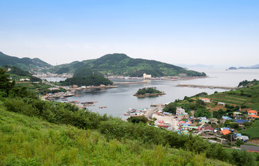 Tongyeong-si, Gyeongsangnam-do, South Korea - June 1, 2015: Aerial view of Yokji Port of Yokjido Island at Hallyeohaesang National Park near Tongyeong-si, South Korea