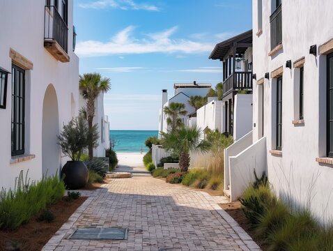 Medieval-style stone house with narrow roof, traditional door, window exterior in Alys beach near Emerald coast in Florida. Ancient architecture building with heritage style, traditional culture. Old