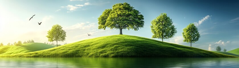 Obraz premium Green Hills Trees and Birds in a Peaceful Landscape
