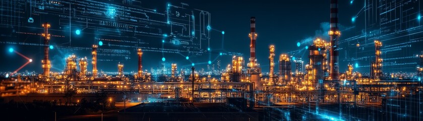 Industrial Complex at Night with Futuristic Digital Overlay