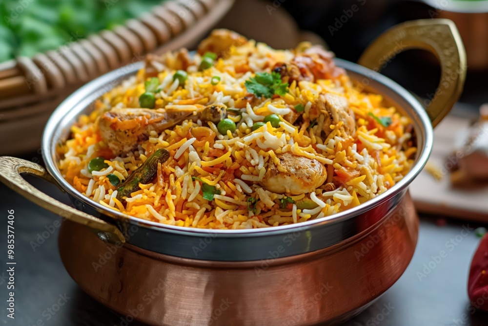 Wall mural close-up of chicken biryani in a pot on table. traditional indian dish with basmati rice, marinated 