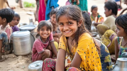 Obraz premium A joyful girl smiles brightly among a group of children, embodying innocence and camaraderie in a vibrant setting.