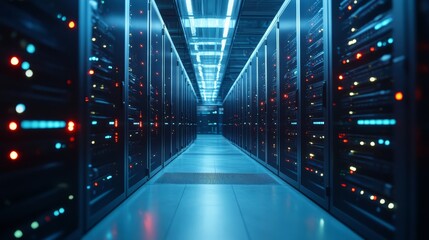 Data Center Server Room Interior With Blue Lighting