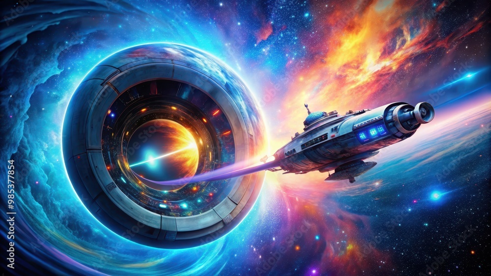 Canvas Prints a futuristic visualization of a spacecraft traveling through a vibrant wormhole surrounded by cosmic
