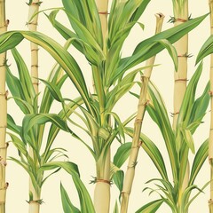 Obraz premium Illustration of sugar canes and tropical plants on seamless textile repeat pattern. Green leaves, grass, and flowers on a natural background. Perfect for wallpaper, material, and decoration.