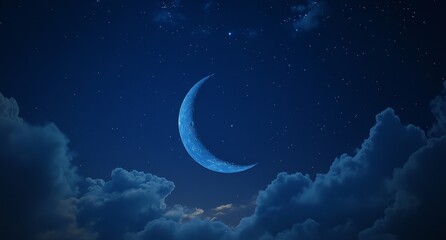 Crescent moon with blue hues, glowing among a starry night sky with fluffy clouds.