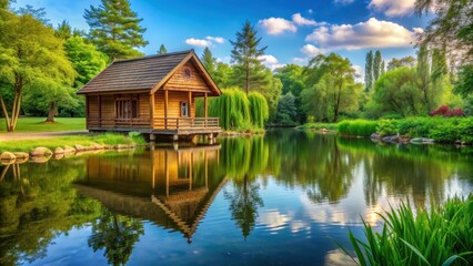 Obraz premium Tranquil pond landscape with a traditional wooden house, nature, peaceful, serene, traditional, wood, cabin, tranquil