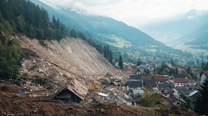 A landslide devastates a mountain village, burying homes under debris with moody mountains in the background, highlighting nature's power.