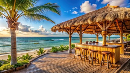 Tropical beach bar with a thatched roof and ocean view, perfect for vacation and relaxation, tropical, beach