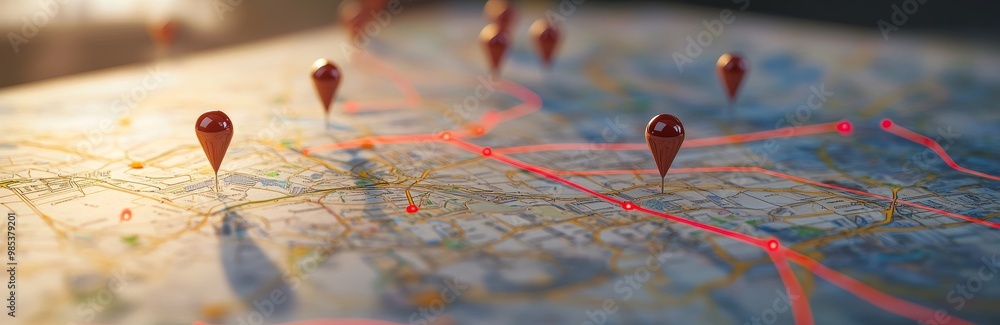 Poster Close-up of a map with red pins and a red line connecting them, showing a route or journey.