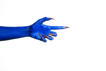 A witch's blue hand with sharp red nails on a white background. It exudes a demonic, monstrous vibe, blending vampire, alien, and ghostly features, creating a perfect Halloween horror image.