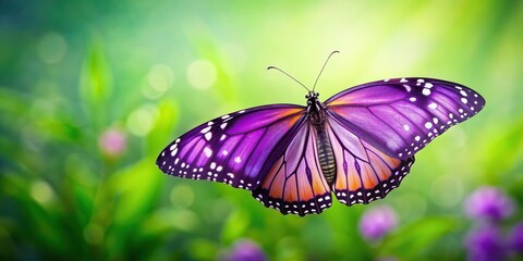 Naklejka premium Beautiful purple monarch butterfly against a soft green background, purple, monarch, butterfly, insect, wings, nature, beauty