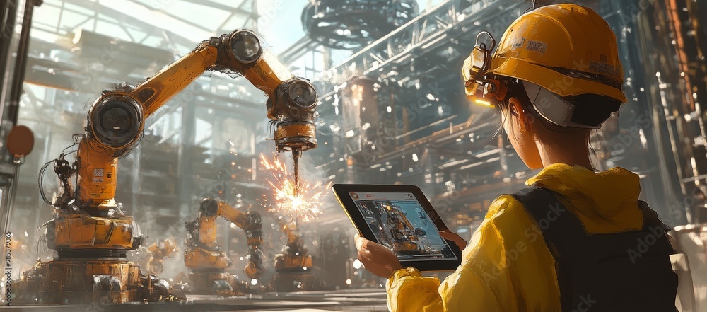 Poster a worker in a yellow jumpsuit and hard hat uses a tablet computer to monitor an industrial robotic a