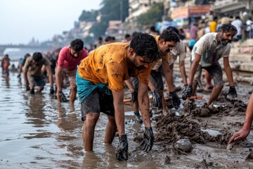 A clean-up event along the Ganges River in India, with local communities and volunteers working to improve water quality and protect the sacred river
