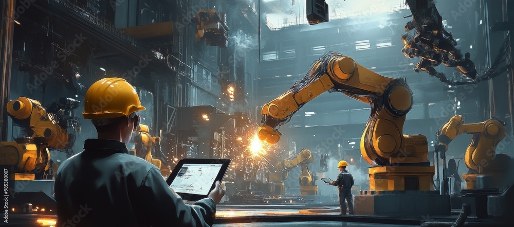 Poster A worker in a hardhat looks at a tablet computer while a robotic arm works in the background.