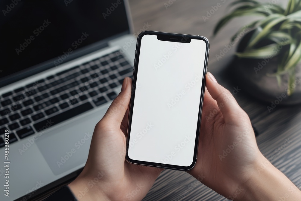 Poster close-up of a hand holding a smartphone with a blank screen, with a laptop in the background.
