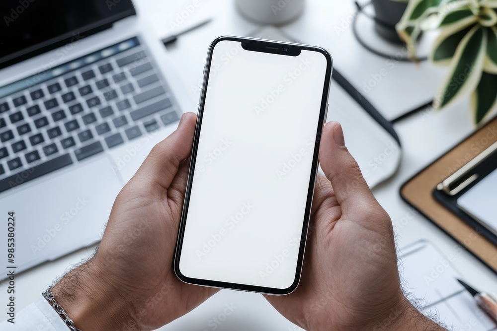 Poster close-up of a hand holding a smartphone with a blank screen.