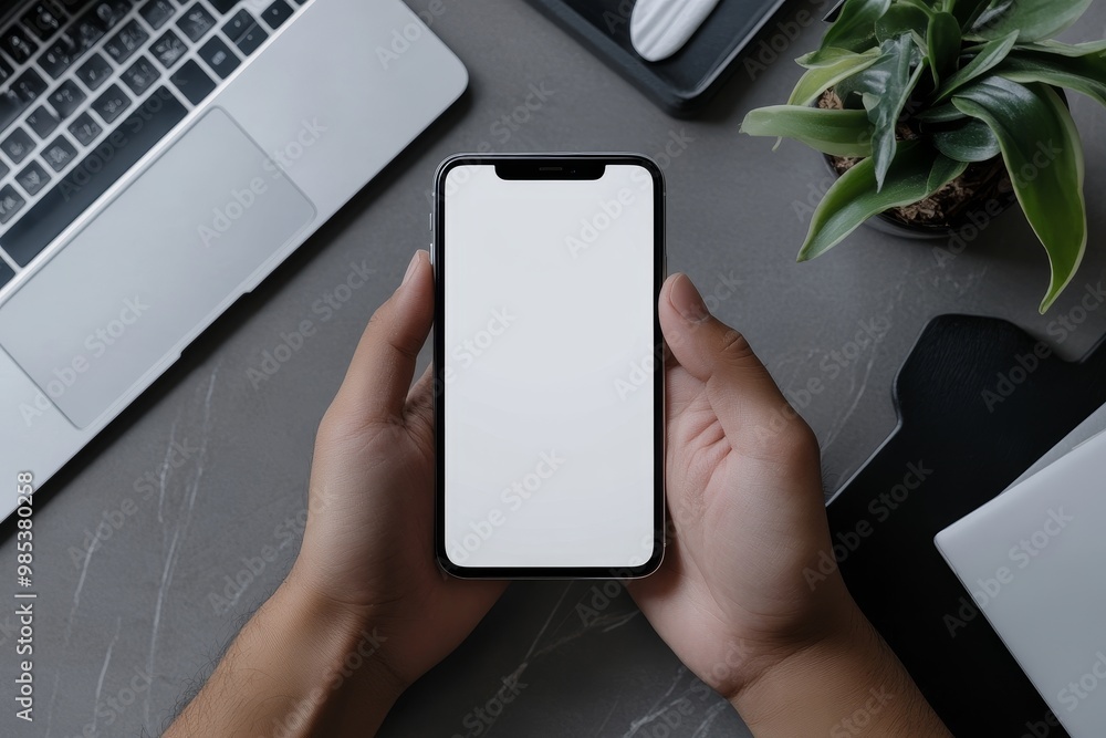 Poster top view of a hand holding a smartphone with a blank white screen above a laptop keyboard.