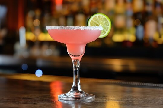 Pink margarita cocktail on bar counter, refreshing drink, close-up of citrous cocktail, fruity, sweet, lime juice, glasses, straw, eatery, party, celebration, nobody, lifestyle, vacation, leisure,