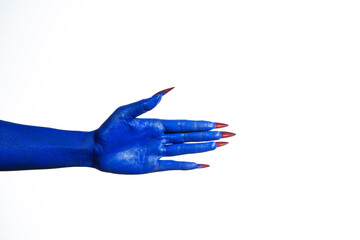 A witch's blue hand with sharp red nails on a white background. It exudes a demonic, monstrous...