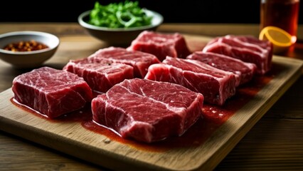 Fototapeta premium Deliciously marinated steak cubes ready for the grill