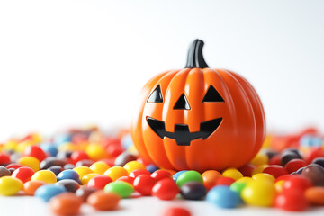 Halloween pumpkin on a pile of colorful candy on white background