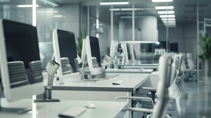 A modern office interior with empty workplaces, featuring a futuristic design and computers for working, Ai Generated