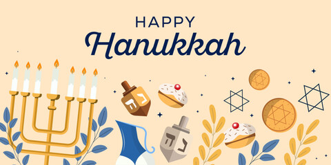 happy hanukkah horizontal banner illustration in flat design