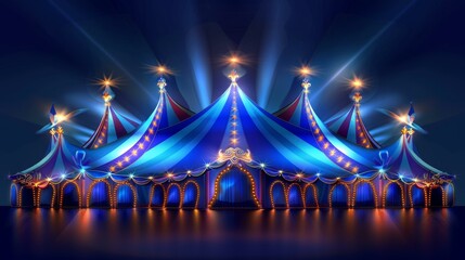 A brightly lit circus tent at night, presenting an inviting cirque facade and festive attraction