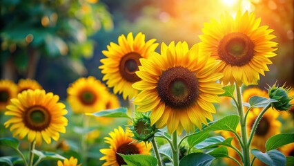 Obraz premium Vibrant sunflower bush on background, sunflowers, yellow, vibrant, beauty, nature, botanical, garden, flora, summer, bloom, foliage