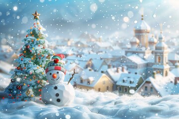 Obraz premium creative illustration of a snowman and a decorated fir tree in the background you can see a small town covered with white snow. christmas winter concept