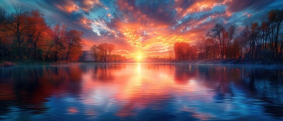 Vibrant Sunset Over Peaceful Lake in Autumn