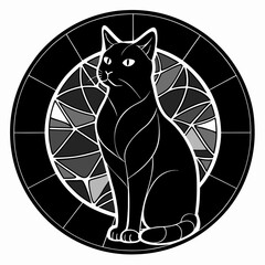 Stained Glass Christmas Cat round sign Black Vector silhouette