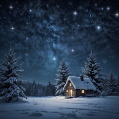 Fototapeta premium A peaceful winter night landscape with a small cabin under a starry sky, ideal for holiday or winter-themed designs.