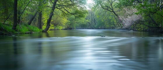 Fototapeta premium Calm River Surrounded by Lush Greenery and Blossoms