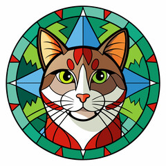 Stained Glass Christmas Cat round sign Black Vector silhouette