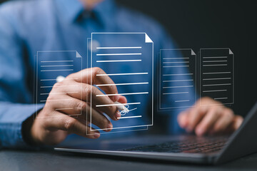 Digital Document Management and Paperless Workflow, Businessman sign virtual documents interface, paperless concept, digital document management. efficient workflows, transition to digital solutions,