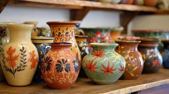 A Thanksgiving pottery sale in a local artists studio, with vases and bowls featuring hand-painted autumn designs