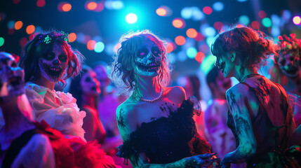 Holloween Theme Zombie Prom Night, a lively celebration where elegantly dressed guests embrace a spooky theme, showcasing vibrant costumes and a festive atmosphere filled with eerie excitement.