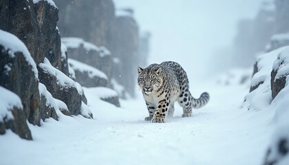 Fototapeta premium Snow leopard walking through snowy landscape in winter, showcasing the beauty of nature and wildlife in harsh climates