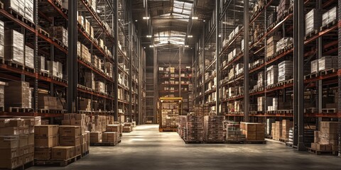 Fototapeta premium A large warehouse with stacked boxes on shelves and pallets in the middle of the aisle, with a forklift in the background.