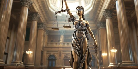 Lady Justice statue in grand hall embodies law fairness judiciary impartiality. Blindfolded woman stands tall with scales sword, symbolizing balance order authority
