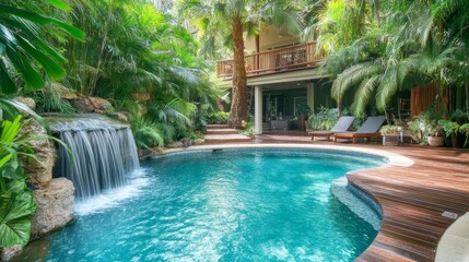 Obraz premium Backyard pool design with a waterfall feature, tropical plants, and wooden decking creating a resort-like atmosphere.