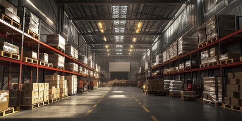 Fototapeta premium A wide shot of an empty warehouse with pallets of boxes and bags along the side walls.